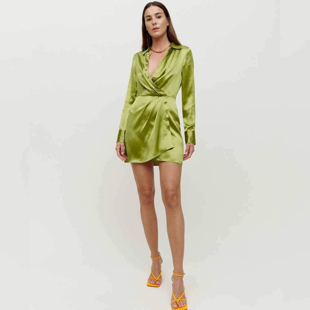 Reformation Olive Green Satin Mini Wrap Dress